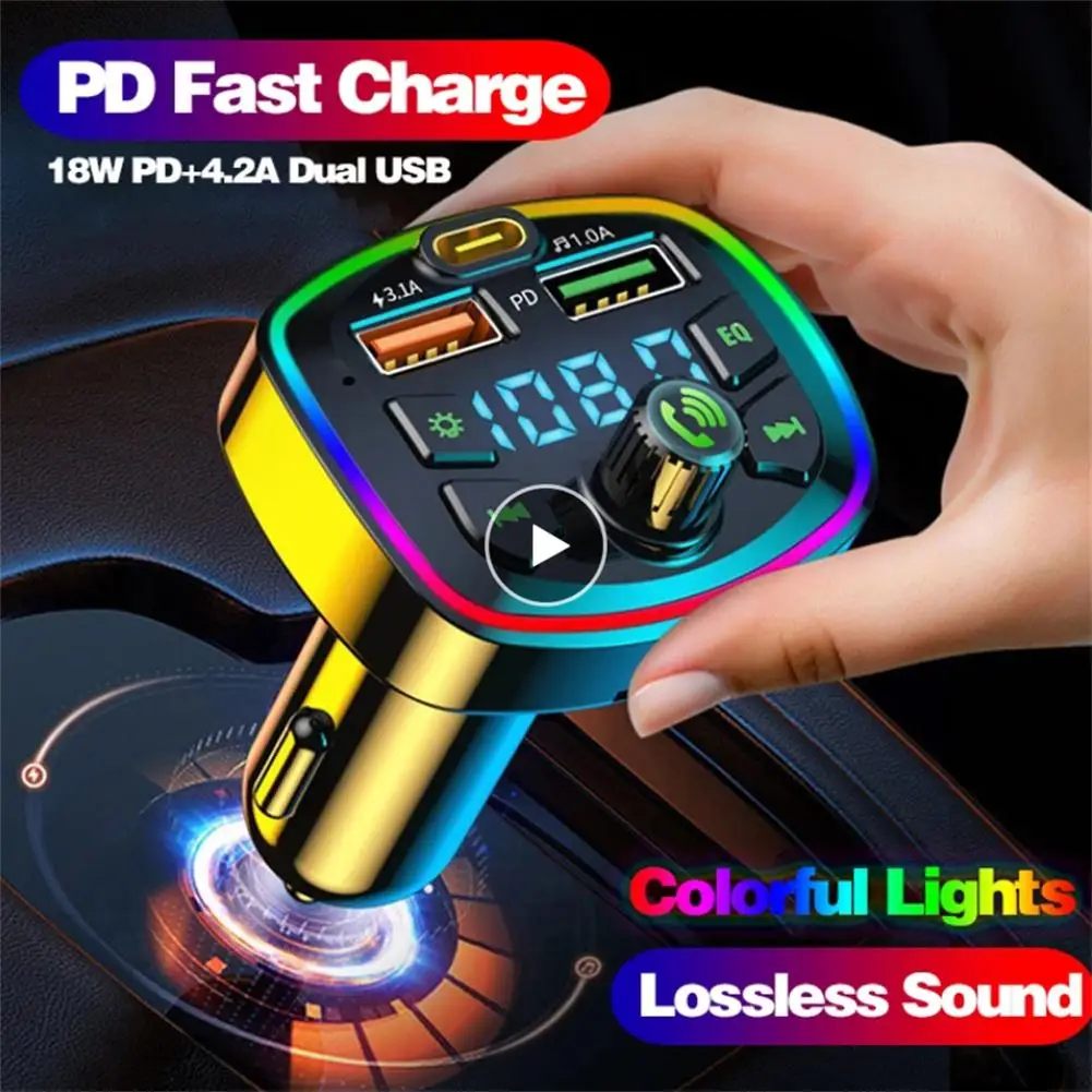 Auto Bluetooth 5.0 FM PD 18W Typ-C Dual USB 4.2 Rýchlu Nabíjačku LED Podsvietený Atmosféru Svetla MP3 Prehrávač Hudby Bezstratové