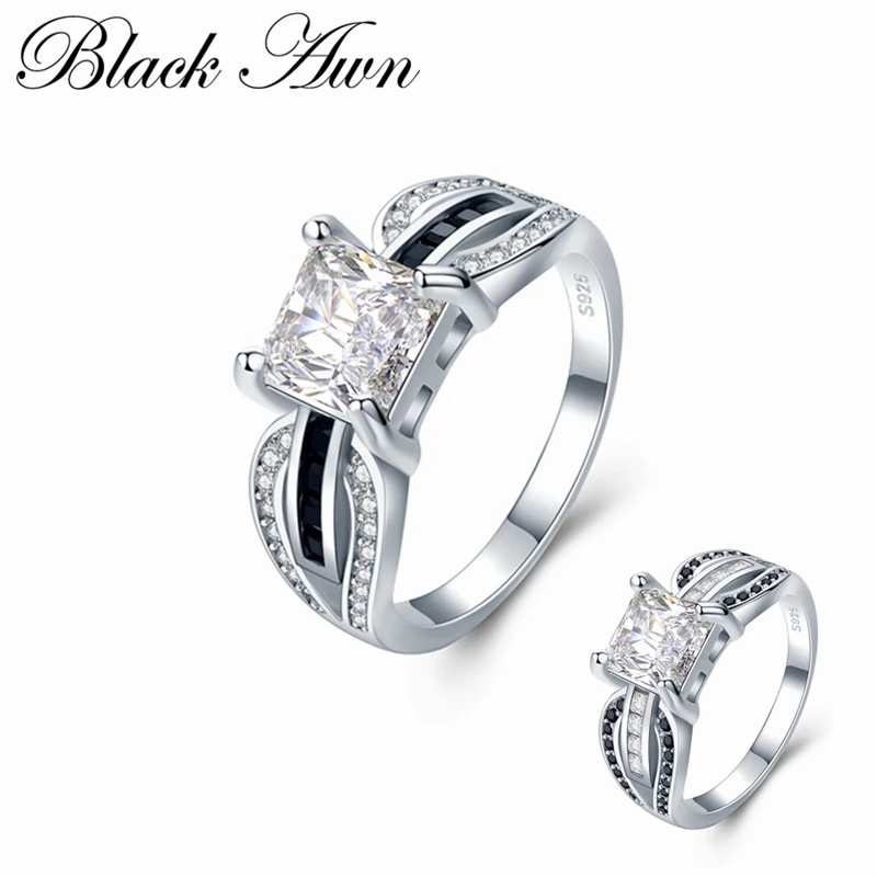 [BLACK AWN] Trendy 4.6 g 925 Sterling Silver Šperky Black Spinelovou Námestie Snubné Prstene pre Ženy Bijoux C489