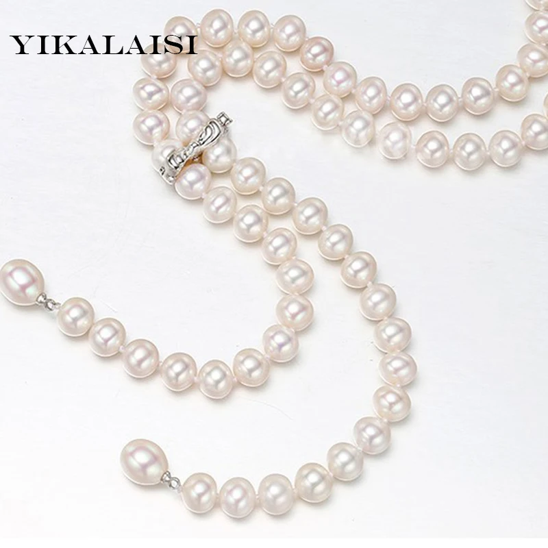 YIKALAISI 2017 Skutočné Prírodné Sladkovodné Perly Dlhý Náhrdelník 8-9mm Pearl perličiek Lano Náhrdelník Pre Ženy 925 sterling silver šperky